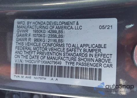 2021 Honda Accord Lx из США, поврежденный, VIN 1HGCV1F1XMA079649